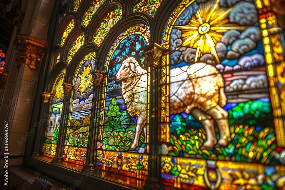 Obraz premium Divine radiance captured in stained glass Lamb of God.