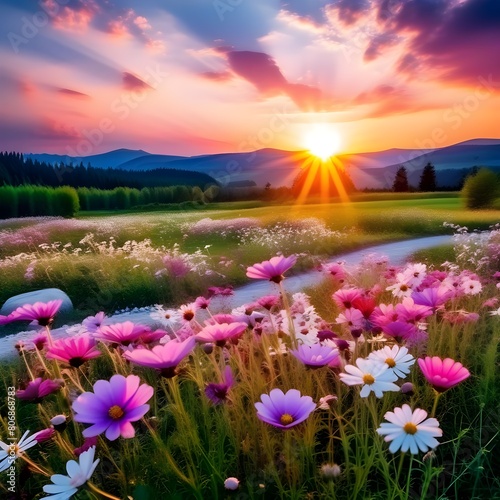 nature garden field with fresh flower and butterfly wild grassland in spring season with sunset 