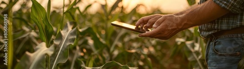 A closeup of a farmers hands holding a digital tablet with data analytics on screen, set against a backdrop of mature corn plants under a clear sky