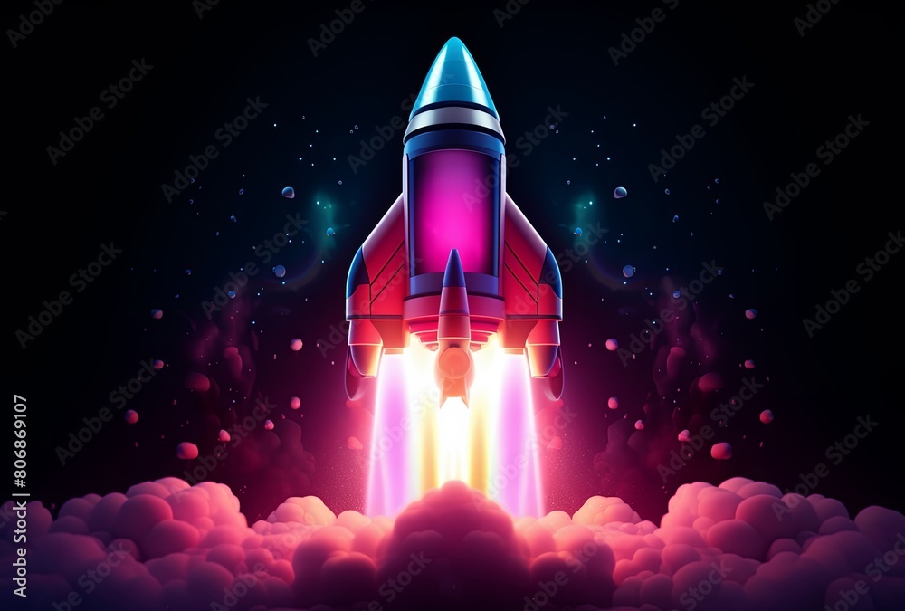 In a minimalist 3D art style, a sleek spaceship rocket launches from the ground, emitting power and smoke from its base as it ascends into the sky.