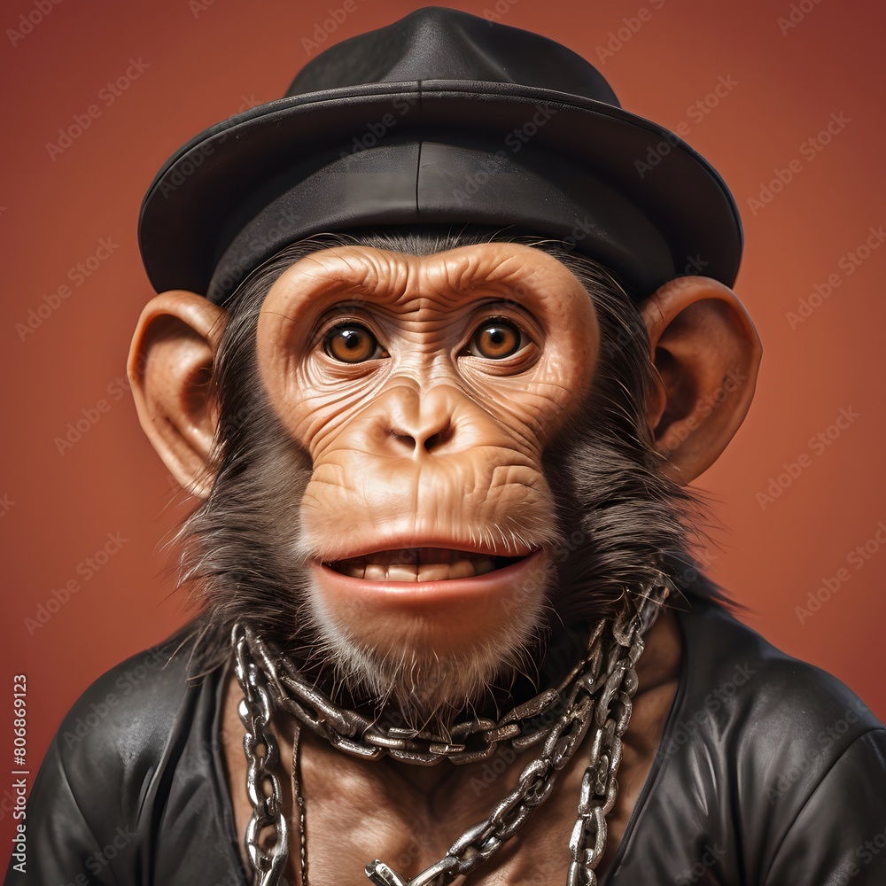 Chimpanzee with hat on a red background Chimpanzee with hat on a red background