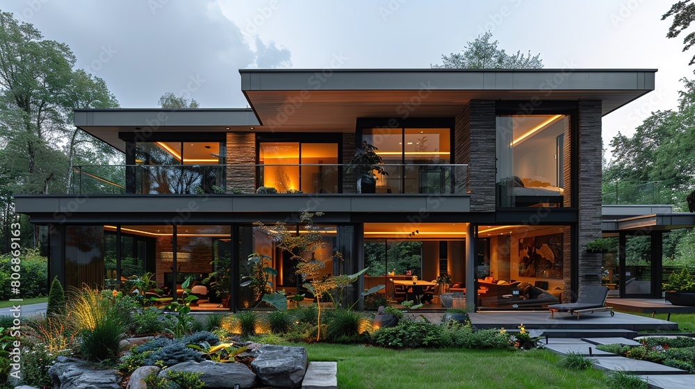 Modern luxury minimalist cubic house, villa with glass walls, and landscaping design front yard. Residential architecture exterior. Modern luxury minimalist cubic house, villa with glass walls, and landscaping design front yard. Residential architecture exterior.