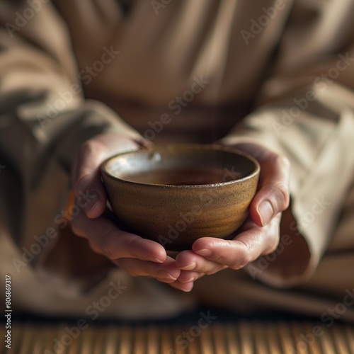 Zen Tea Ceremony  Person Holding Wooden Bowl  Tranquil Setting