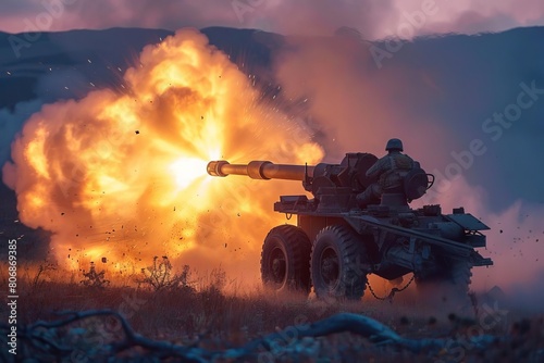 Artillery unit firing a howitzer in a simulated battle scenario, explosive action captured at dusk photo