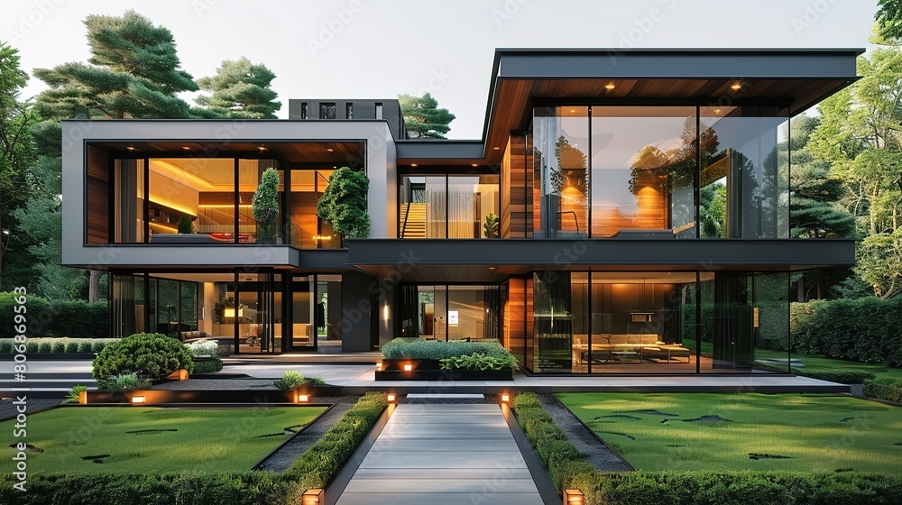 Modern luxury minimalist cubic house, villa with glass walls, and landscaping design front yard. Residential architecture exterior. Modern luxury minimalist cubic house, villa with glass walls, and landscaping design front yard. Residential architecture exterior.