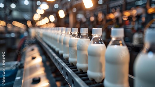 A busy dairy production scene where milk is swiftly bottled and packaged under bright factory lights, highlighting the scale and cleanliness of the operation photo