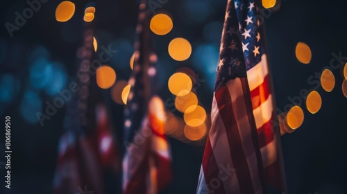 American Flags in Bokeh Panorama, US Memorial Day photo