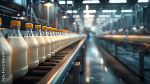 A busy dairy production scene where milk is swiftly bottled and packaged under bright factory lights, highlighting the scale and cleanliness of the operation