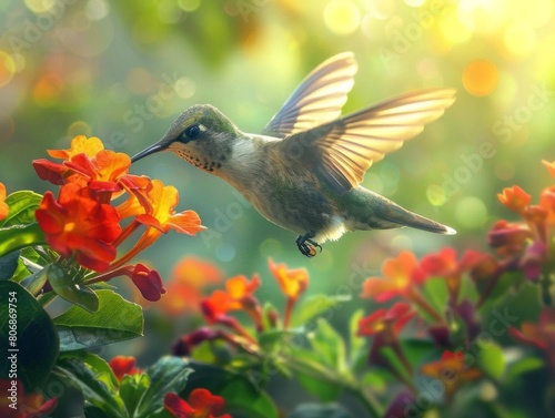 A hummingbird hovers near a flower, its long beak probing the blossom for nectar