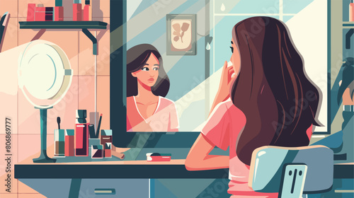Young woman near mirror in makeup room style vector