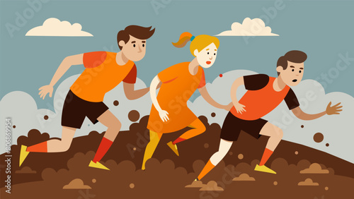 A pack of young competitors trudging through thick mud their shoes suctioned to the ground.. Vector illustration photo