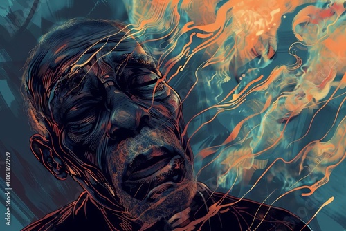 somber abstract illustration depicting the distressing inner world of an elderly black man grappling with the degenerative effects of alzheimers disease and dementia mental health concept art photo