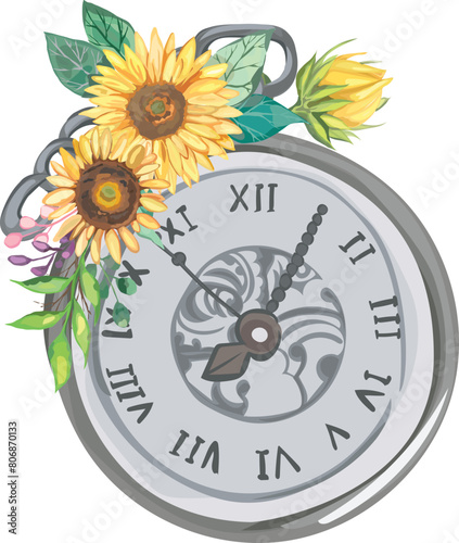 Vintage clock with sunflower on transparent background.
