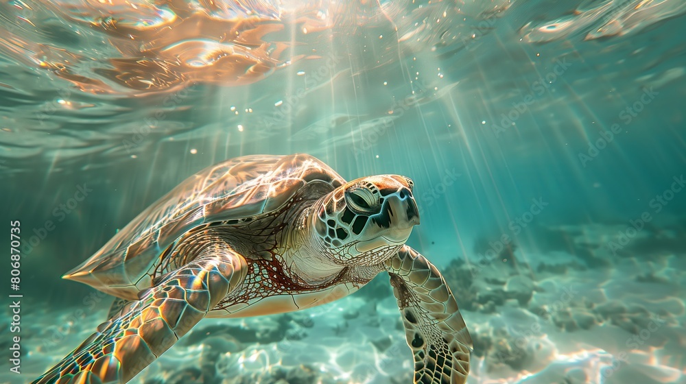 Fototapeta premium Swimming Sea Turtle Underwater, Sunlight Filtering through Ocean