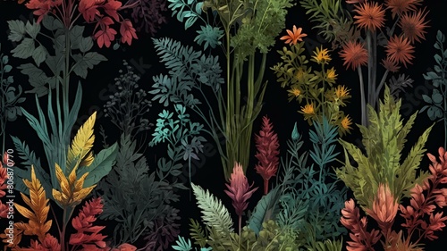 AI generated illustration of vibrant flowers  plants set against a black backdrop