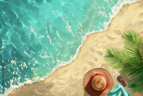 tropical beach getaway sandy shore with beach towel summer hat and sandals top view digital painting