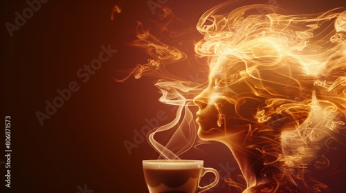 Golden Aroma: A Mystical Fusion of Coffee, Smoke, and Feminine Beauty, with copyspace
