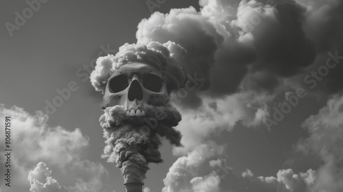 Skull Materialising from Industrial Smoke Against a Cloudy Sky
