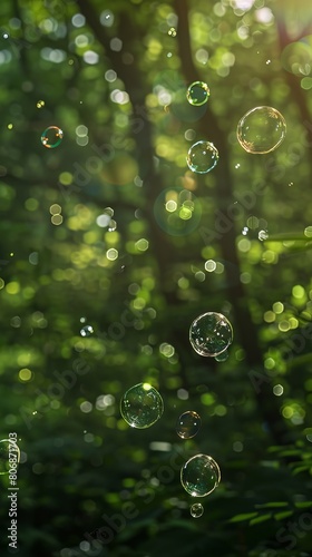 Early morning in the woods, Tyndall light, strong light, transparent bubbles, Hideaki Hamada style, green dream core, dreamy, real, high-definition close- photo
