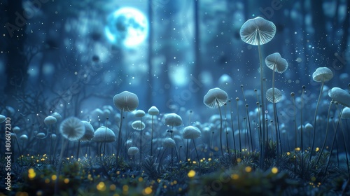 Enchanted night scene in a forest with glowing mushrooms and a magical moonlit backdrop