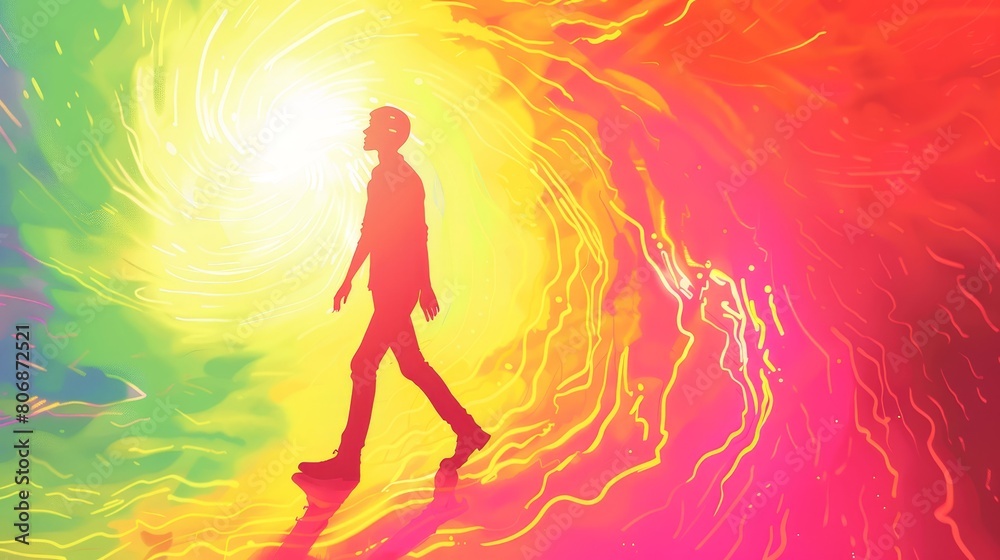 A man walking through a colorful tunnel of light.