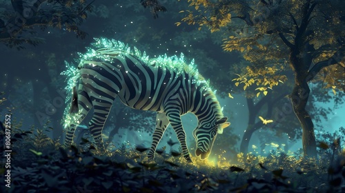 A mystical zebra stands in a moonlit forest  its stripes glowing with an ethereal light.