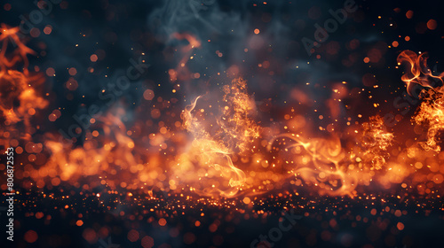 Fiery Flames with Dynamic Particles, Sparks, and Smoke on a Dark Background, Intense Heat and Energy Concept, Generative Ai