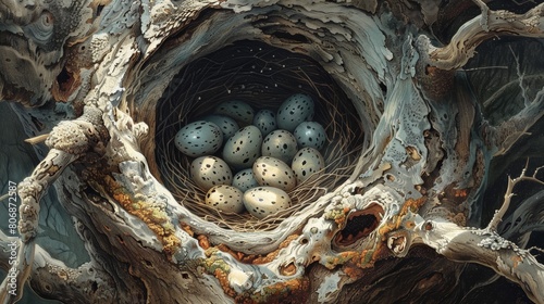 A nest of eggs in a tree hollow.