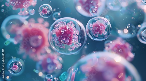 Many different bubble concepts. The transparent pink bubbles. A coronovirus - protecting that looks like a transparent mint slugs with transparent algaes inside. looking like a bubbles in water. keysh photo