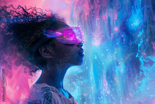 young african american girl immersed in magical pink fairy gaming world using vr digital painting photo
