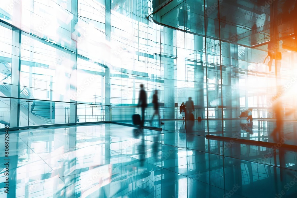 abstract light trails and dynamic motion blur of people walking in modern glass office building interior