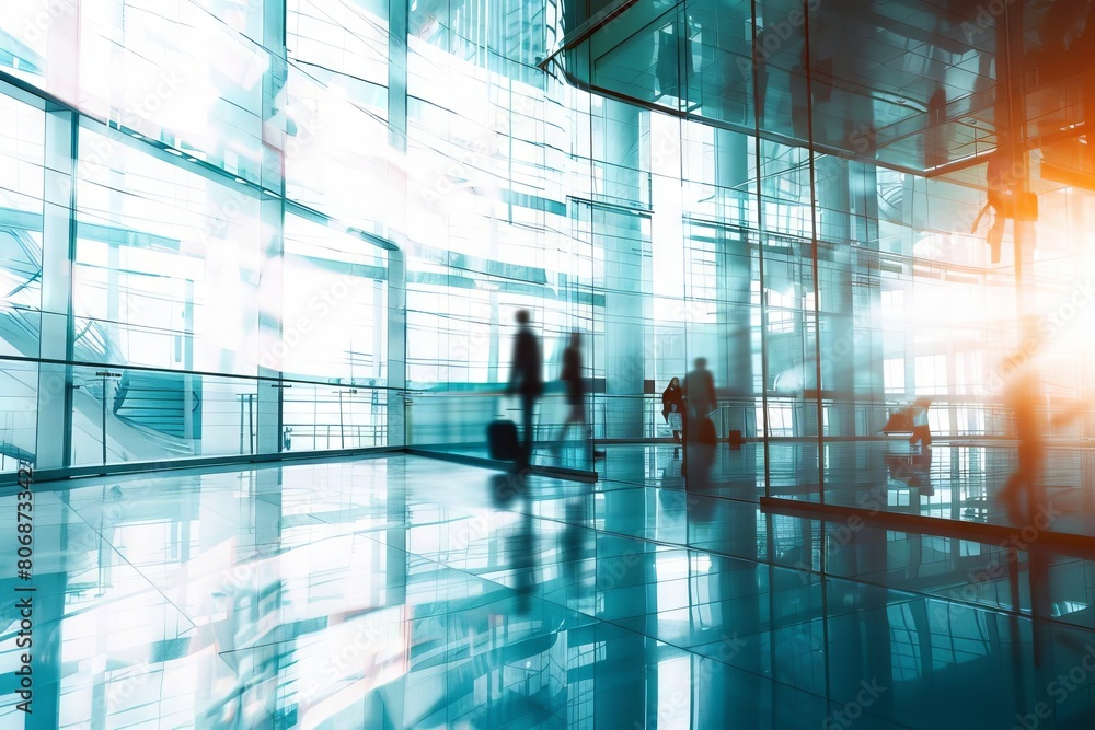 abstract light trails and dynamic motion blur of people walking in modern glass office building interior abstract light trails and dynamic motion blur of people walking in modern glass office building interior