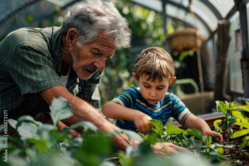 Family working together in greenhouse. Portrait of grandfather, child working in family garden, Generative AI