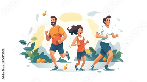 Family fitness watercolor illustration - Generative AI. Man, boy, girl, running.
