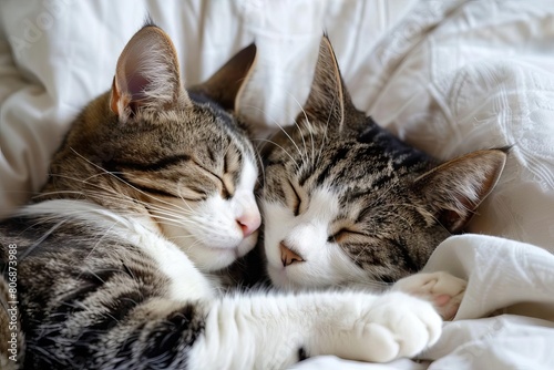 adorable cat couple snuggled up in loving embrace peacefully sleeping on plush white bed embodying the cozy and heartwarming spirit of valentines day pet love concept photo
