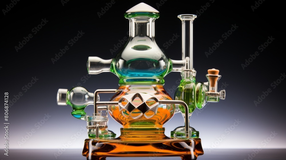 Fototapeta premium A glass bong sits on a table, reflecting the light and casting colorful shadows