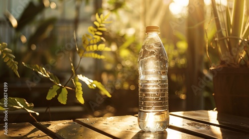 Behold the mesmerizing interplay of sunlight and water as it dances upon the surface of a simple bottle photo