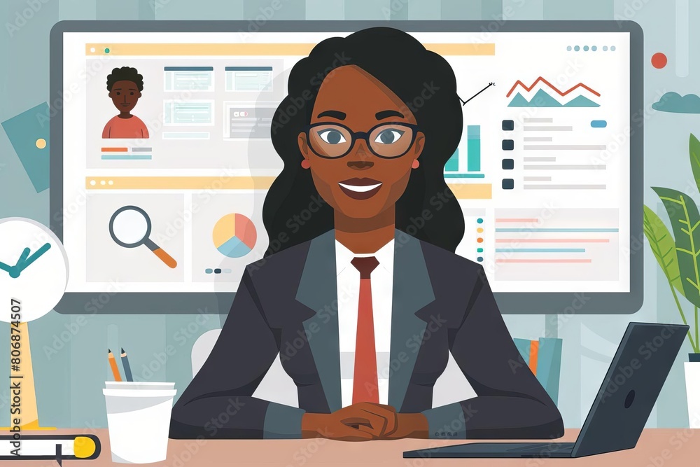 african american businesswoman in virtual video job interview inclusive remote work digital illustration african american businesswoman in virtual video job interview inclusive remote work digital illustration
