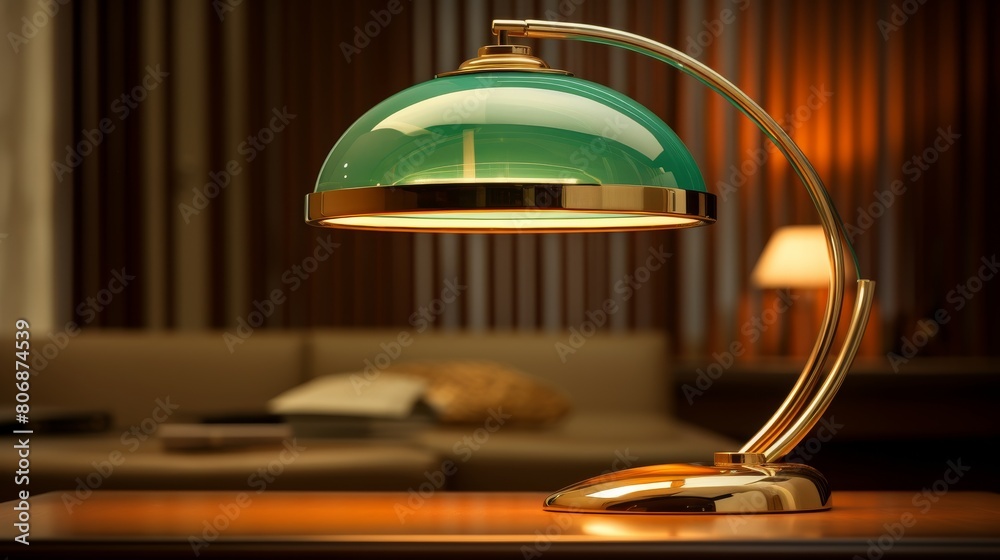 A vibrant green lamp radiates on top of a rustic wooden table A vibrant green lamp radiates on top of a rustic wooden table