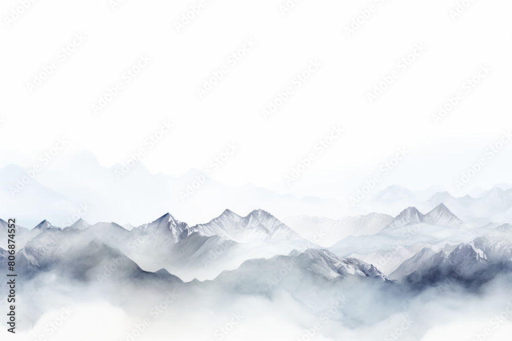 White tones watercolor mountain range on white background with copy space display products blank copyspace for design text photo website web banner 