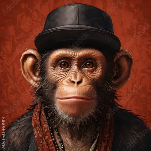 Chimpanzee with hat on a red background © Jaume