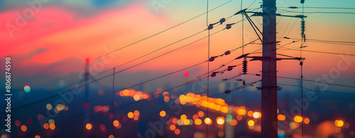close up view of power lines hanging at pole with blurry abstract defocused city lights in background at sunset, transmission of electricity, electrical network , energy distribution, bokeh photo