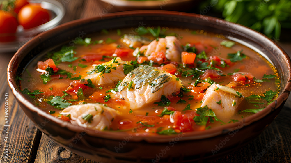 Delicious Fish Soup with Fresh Herbs and Tomatoes in a Plate, Healthy Seafood Cuisine, Generative Ai

