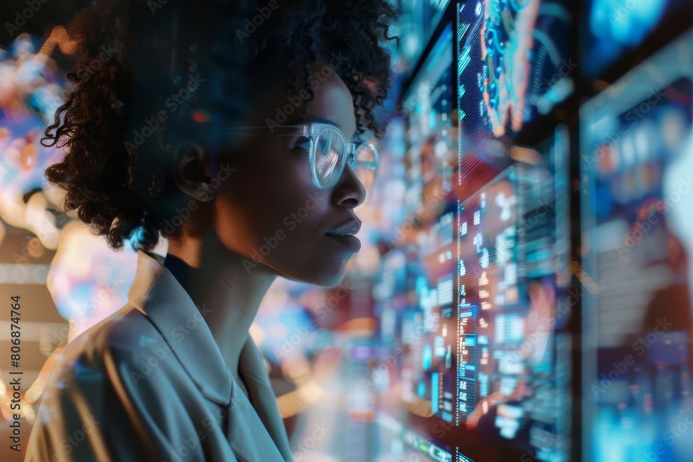 african american female it specialist analyzing cybersecurity threat with ai futuristic tech collage