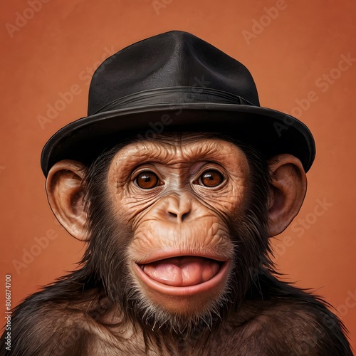 Chimpanzee with hat on a red background