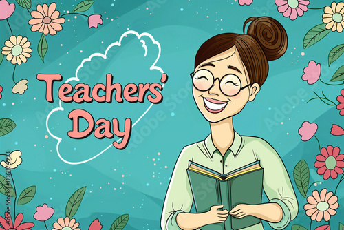 Vector Illustration of Happy Teachers' Day: Smiling Teacher Holding a Book with Flowers