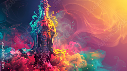 Serene Statue of the Goddess Guanine Bodhisattva in Rainbow Colors, Spiritual Meditation and Enlightenment Concept, Generative Ai

