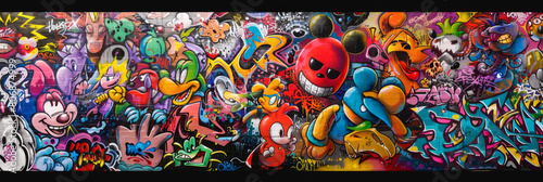 A vibrant graffiti wall filled with colorful characters and intricate patterns, Graffiti art of colorful cartoon characters in an urban setting - Generative AI 
