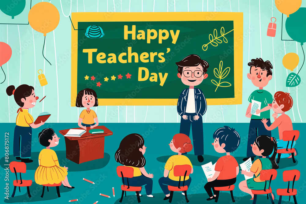 Happy Teachers' Day Vector Illustration: Engaging Students in Classroom with Teacher – Colorful and Thoughtful Banner Art Happy Teachers' Day Vector Illustration: Engaging Students in Classroom with Teacher – Colorful and Thoughtful Banner Art