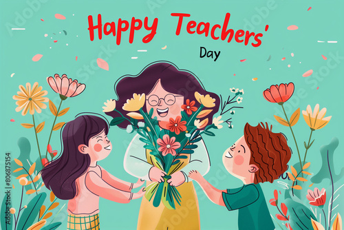 Happy Teachers' Day Vector: Students Gift Bouquets to Smiling Teacher